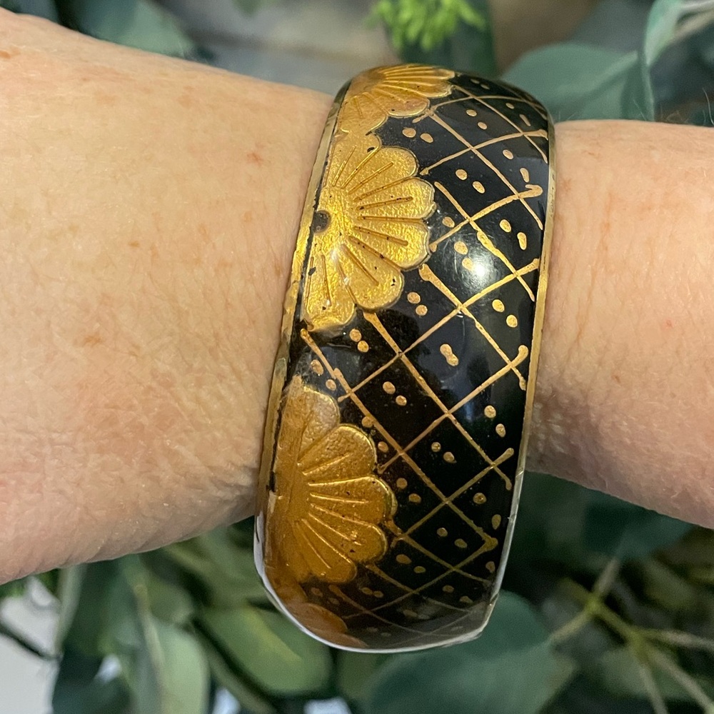 Black and Gold Floral Enamel Cuff Bracelet